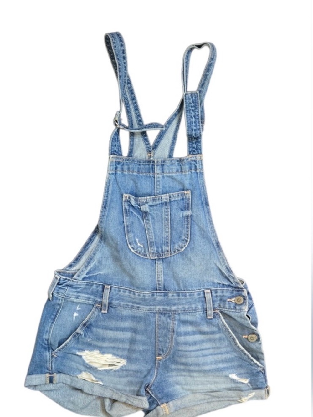 Hollister Light Blue Distressed Denim Short Overalls